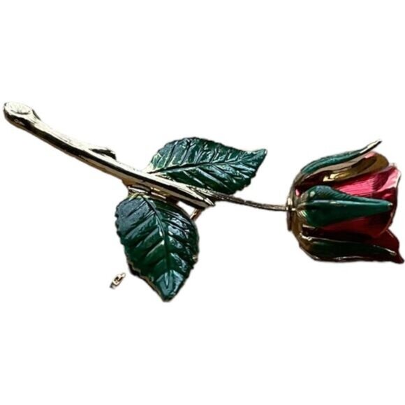 Vintage Metal Painted Red & Green Rose Brooch Pin - Picture 3 of 5
